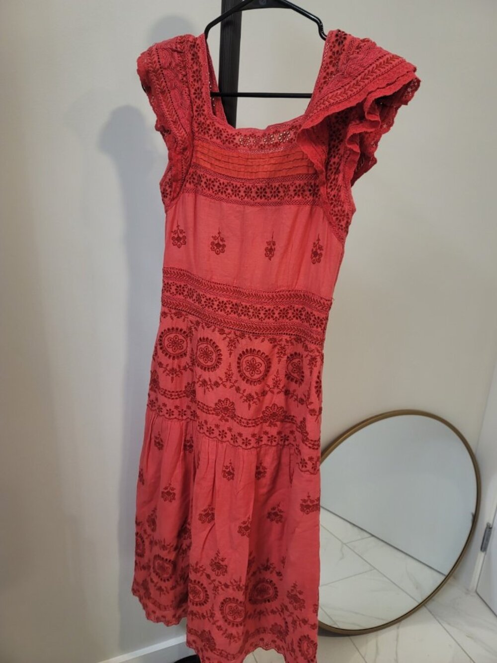 Sea New York Red Sheer Eyelet Smocked Midi Dress Sz 6